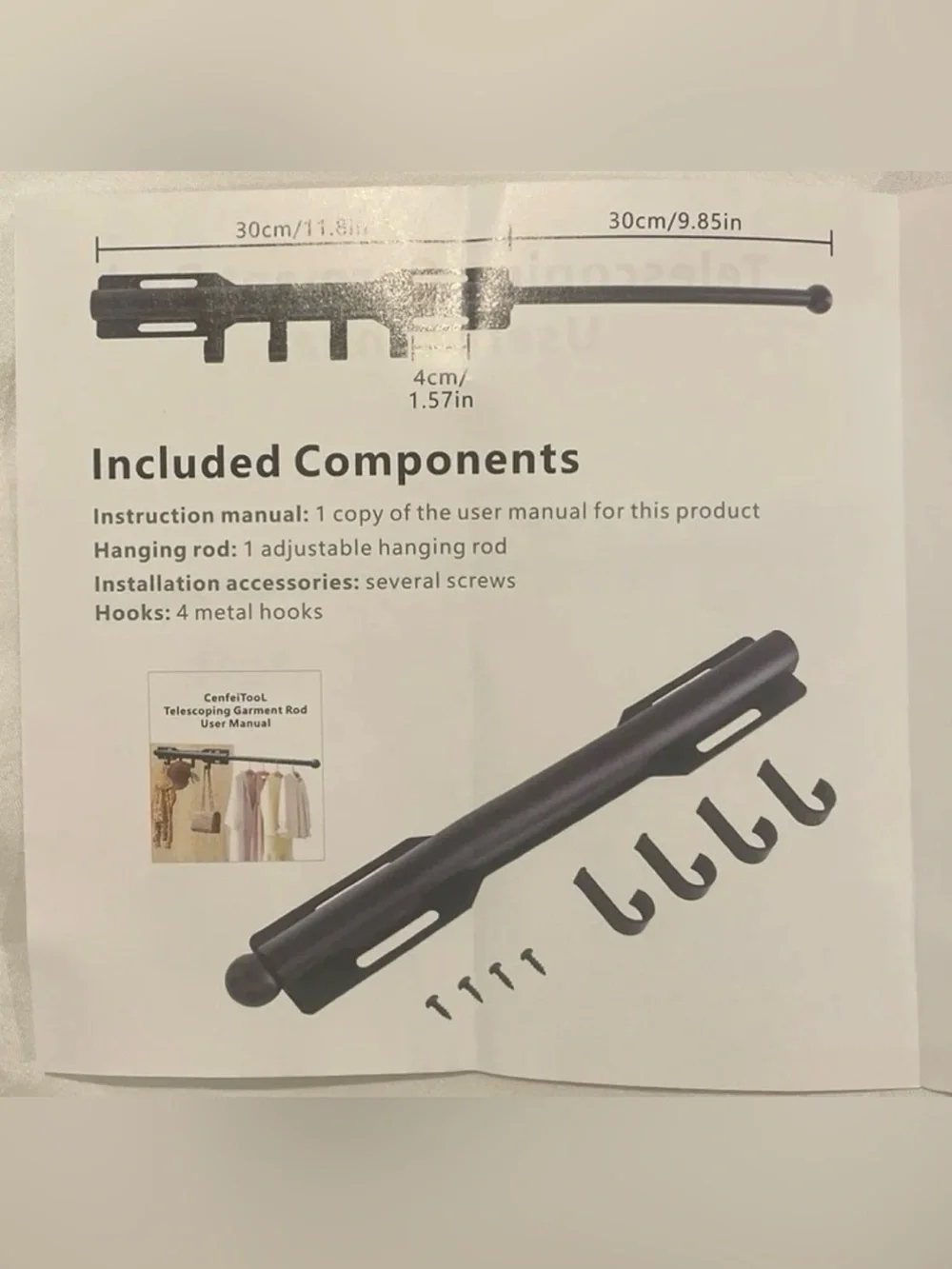 Telescoping Wardrobe Rod Black Metal with Hooks - Home Organization NIB